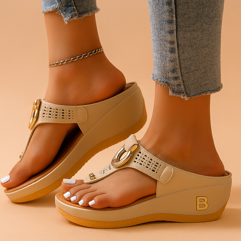 Beige wedge thong sandals with perforated straps and large gold buckle accents, featuring a thick cushioned sole and subtle embossed side logo.