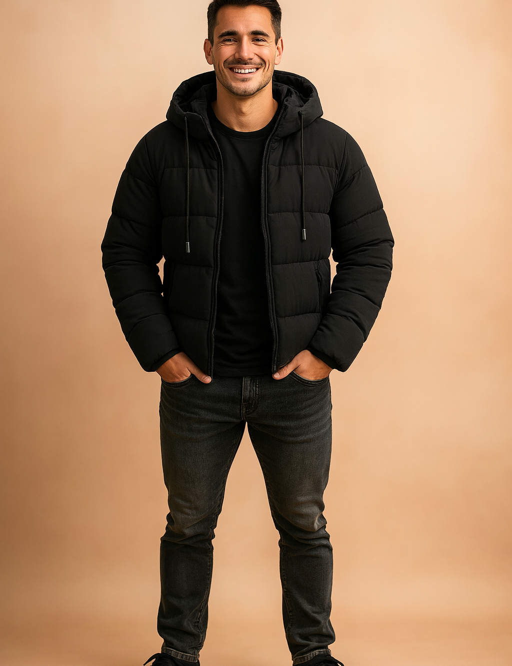 Stylish black puffer jacket with quilted pattern, full-length zipper, and dual front pockets, designed for warmth and urban versatility.