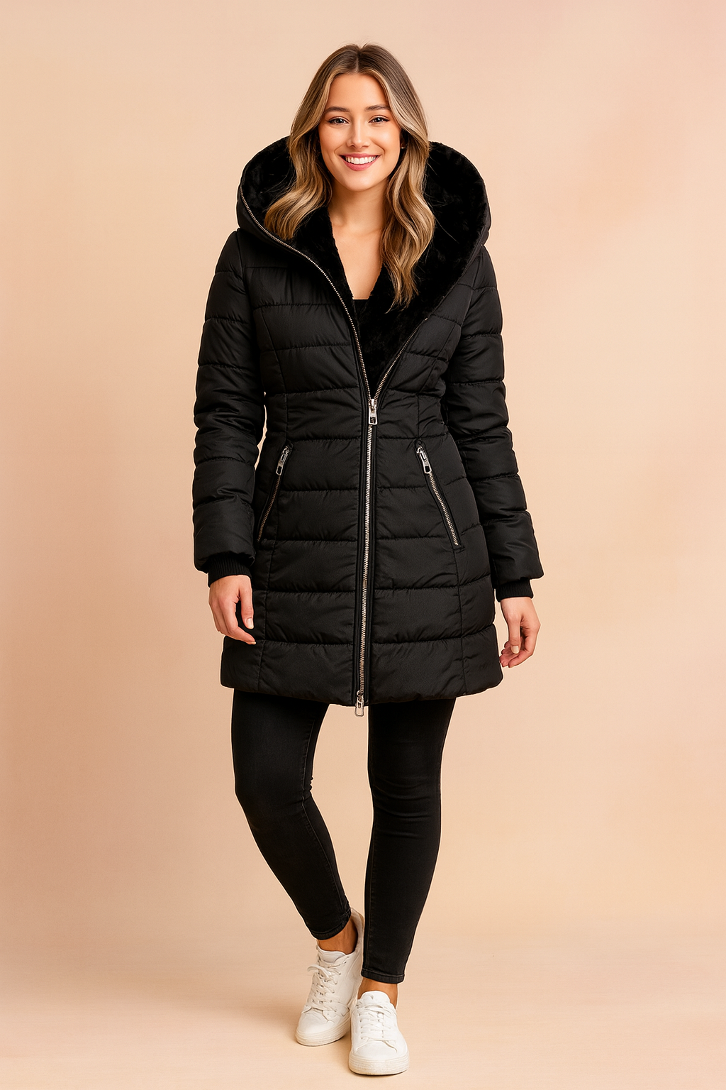 Black puffer jacket with oversized hood, asymmetrical zipper design, and front zip pockets, styled for winter wear.
