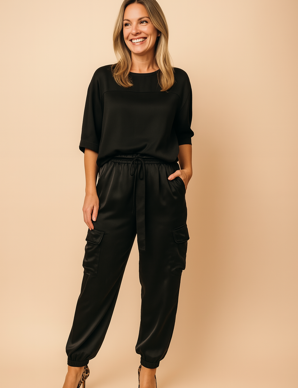 Two-piece black satin co-ord set featuring a relaxed-fit top with elbow-length sleeves and matching high-waisted jogger-style cargo pants with side pockets and a drawstring waist, paired with leopard print heels.

