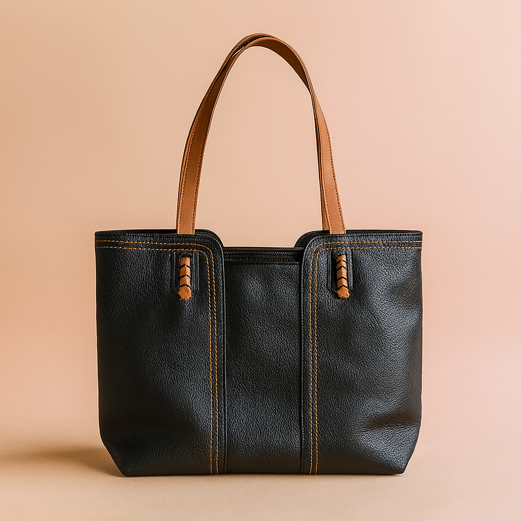 Structured black tote bag with dual brown leather handles, detailed contrast stitching, and vertical front seams, styled for everyday versatility and minimalist elegance.