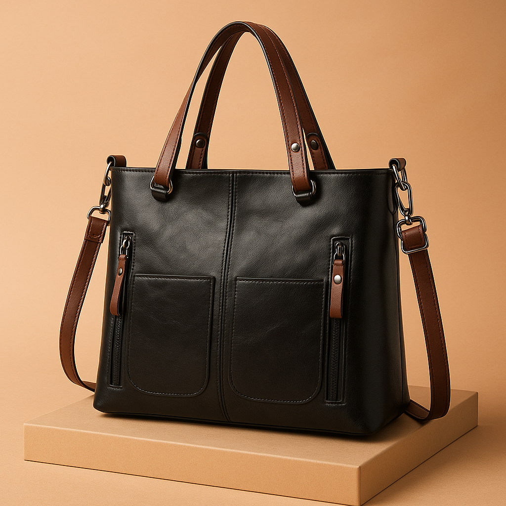 Black faux leather tote bag with dual brown handles, vertical zipper pockets, front patch pockets, and detachable shoulder strap, styled on a beige platform in warm gradient lighting.