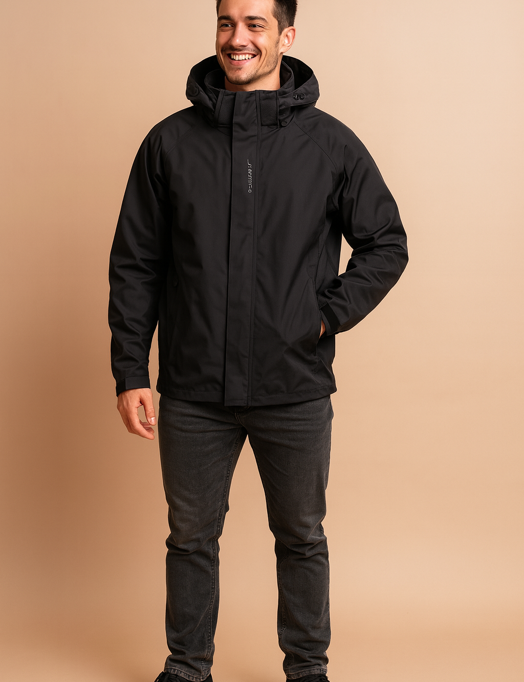 Black waterproof performance jacket with adjustable hood, front zip closure, and minimalist urban detailing, styled with dark jeans and casual sneakers for a sleek, weather-ready streetwear look.