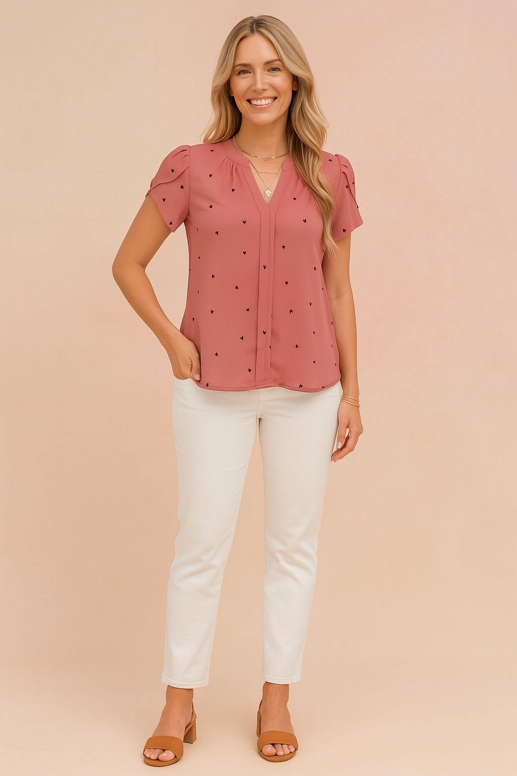 Dusty rose short-sleeve blouse with ruched shoulders and scattered small black heart print, featuring a V-neckline and hidden front placket design.