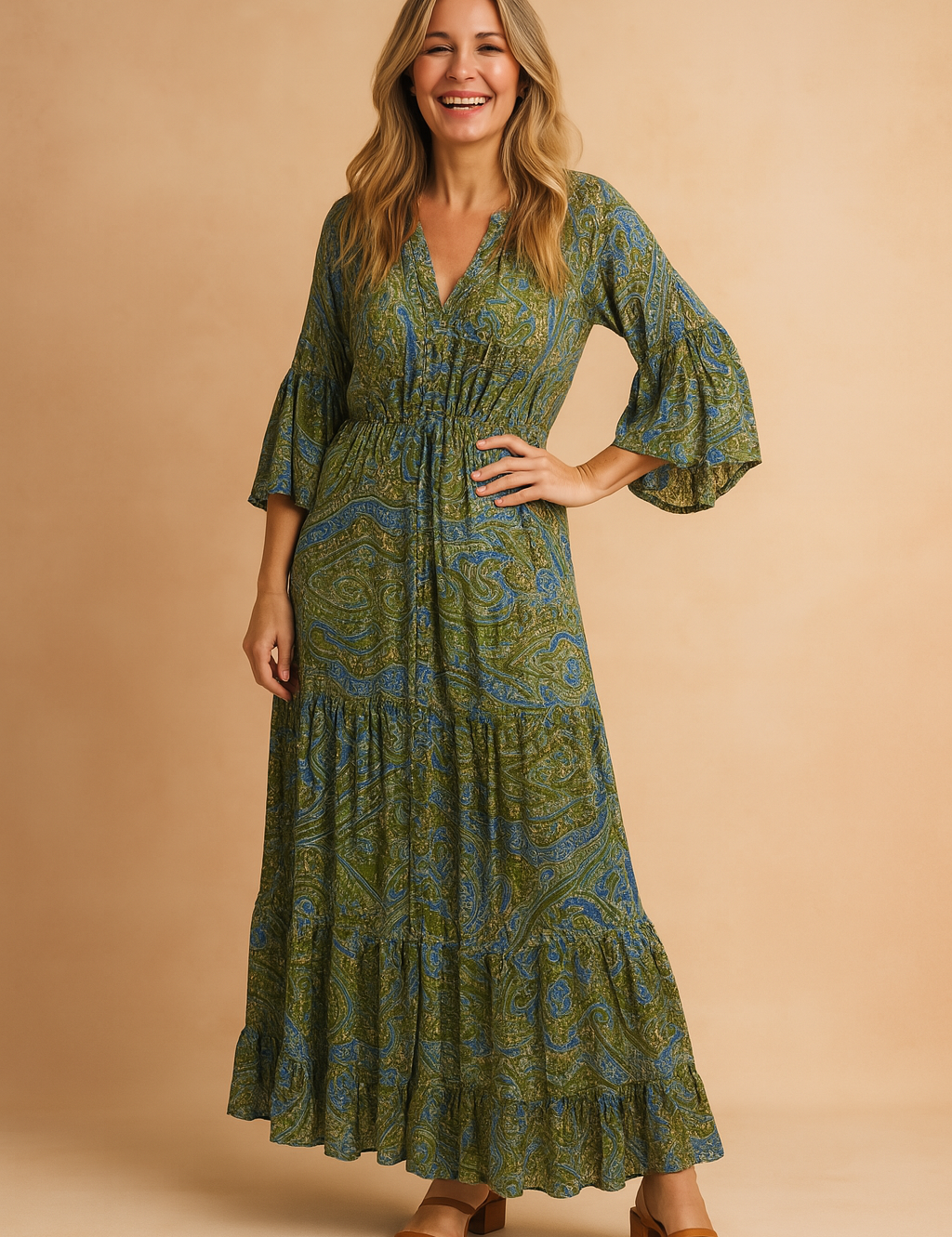 Bohemian-style long sleeve maxi dress with tiered skirt and plunging neckline, featuring a green and blue paisley print with subtle tribal-inspired motifs, crafted in a lightweight flowy fabric.