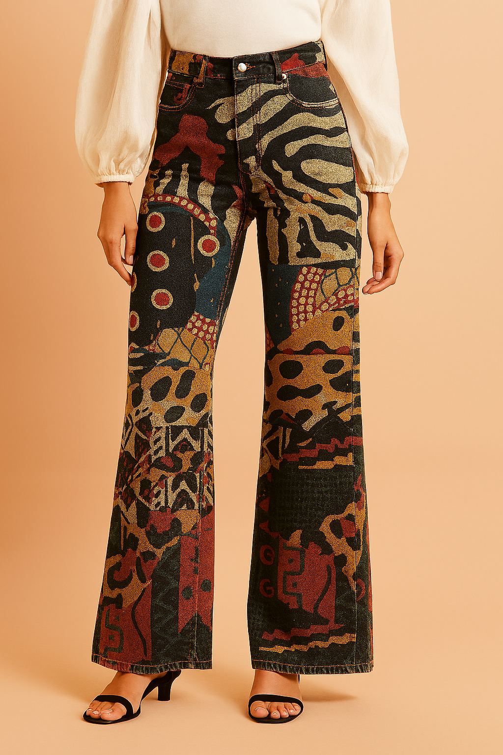 Bold patterned wide-leg pants with eclectic tribal and geometric motifs in mustard, rust, black, and navy, styled with a white blouse and black heeled sandals.