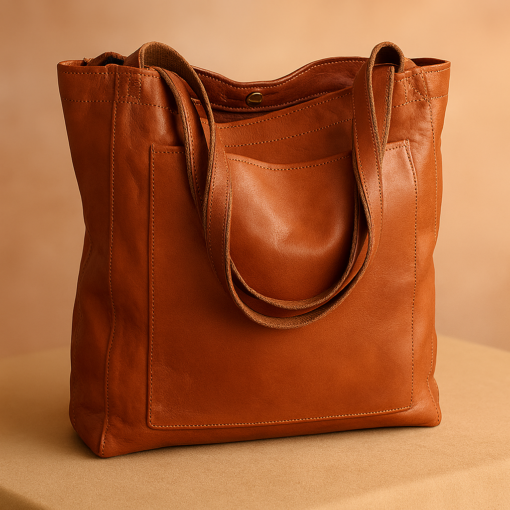 Cognac leather tote bag with dual handles and front pocket, displayed on a beige platform with soft gradient background in warm sand and pastel pink tones.
