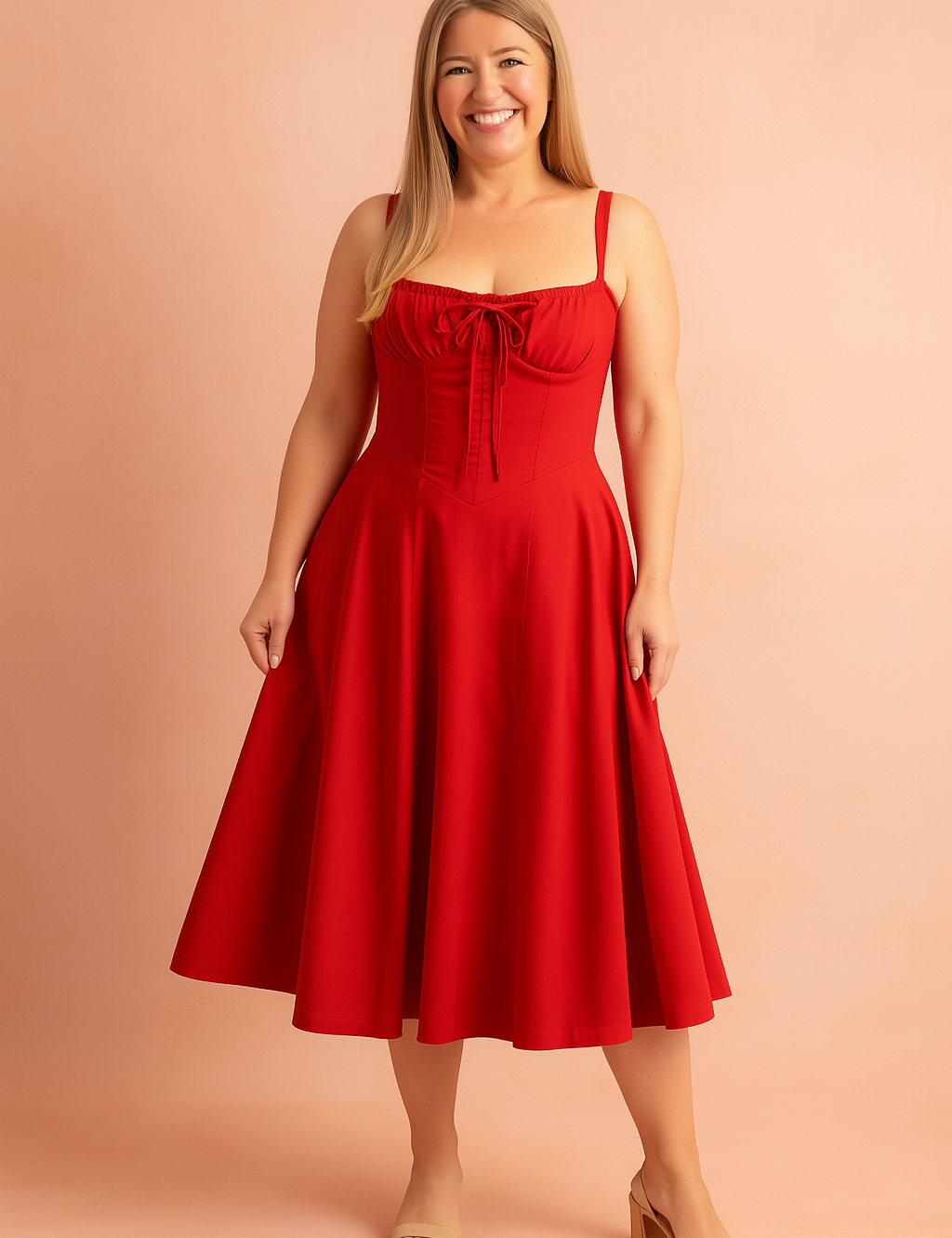 Corset-style red midi dress with structured bodice, lace-up front detail, and A-line flowy skirt for an elegant, waist-defining silhouette.