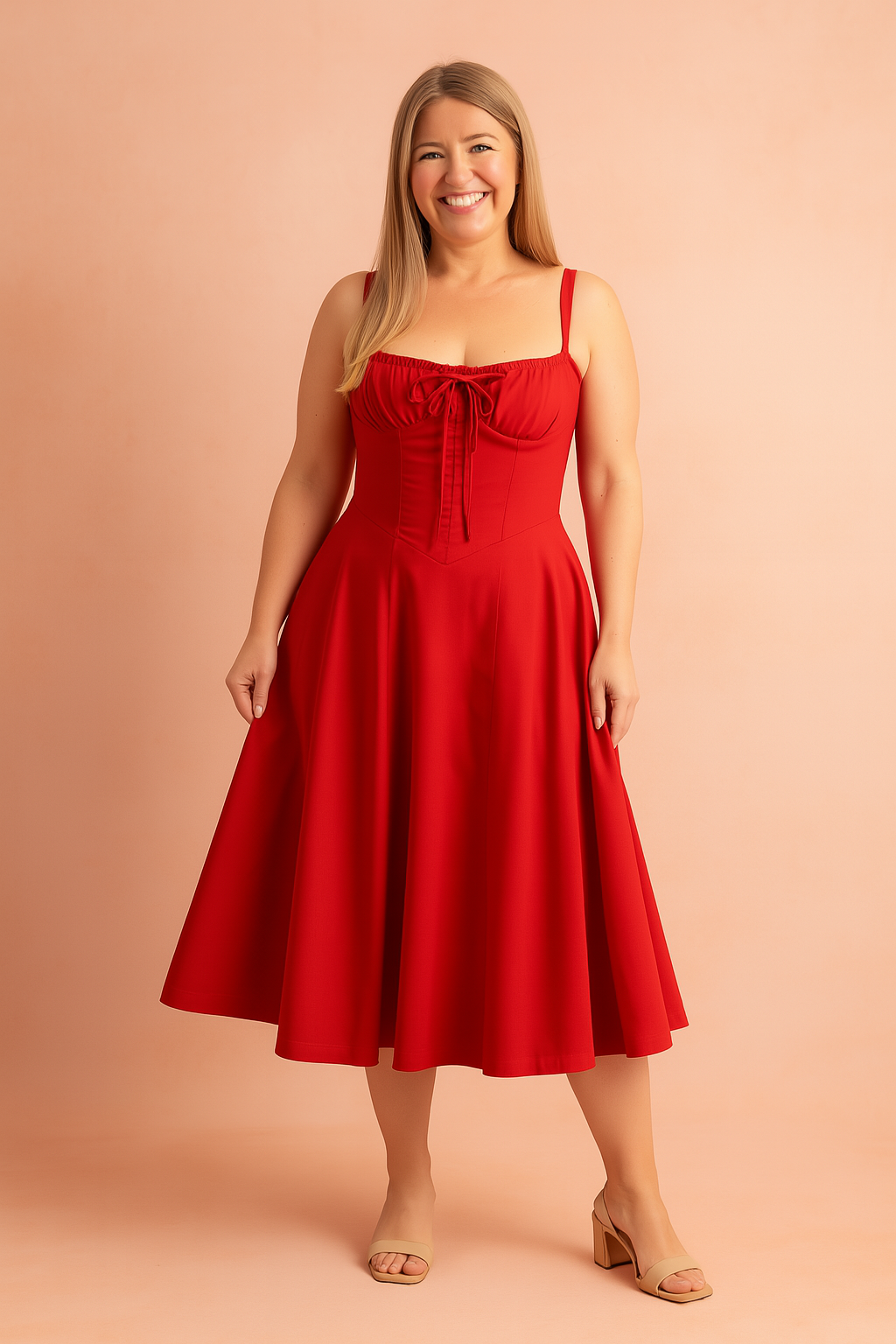 Corset-style red midi dress with structured bodice, lace-up front detail, and A-line flowy skirt for an elegant, waist-defining silhouette.