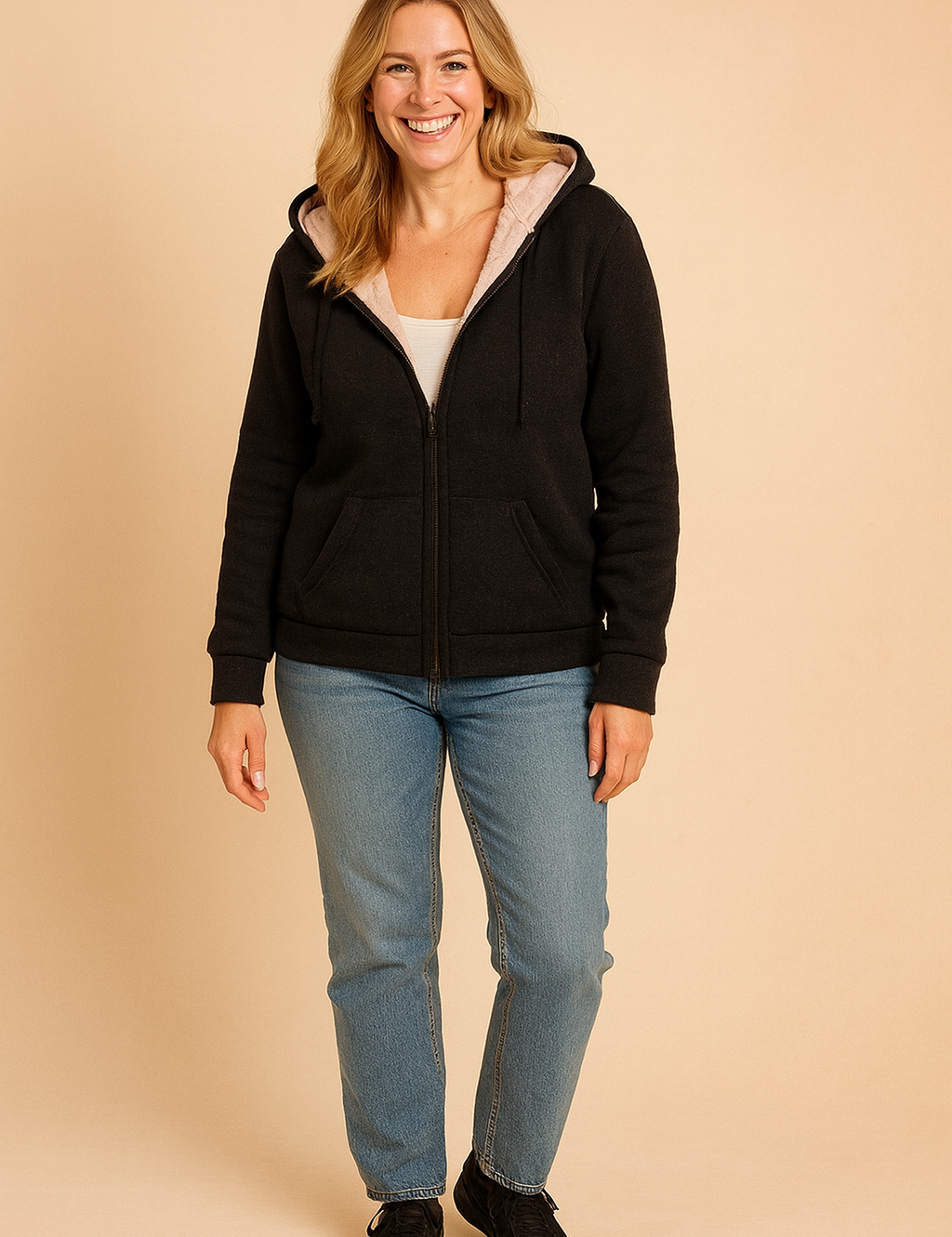black  zip-front hoodie with beige fleece lining, ribbed cuffs and hem, and front kangaroo pockets, made from soft brushed fabric.