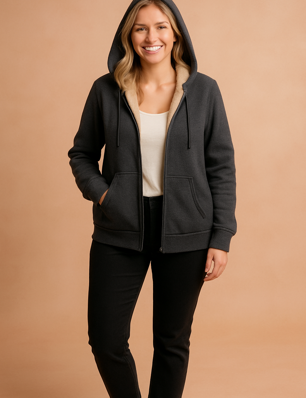 Dark grey zip-front hoodie with beige fleece lining, ribbed cuffs and hem, and front kangaroo pockets, made from soft brushed fabric.