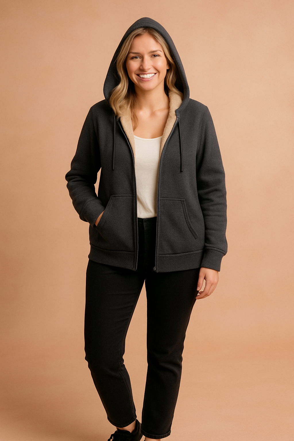 Dark grey zip-front hoodie with beige fleece lining, ribbed cuffs and hem, and front kangaroo pockets, made from soft brushed fabric.