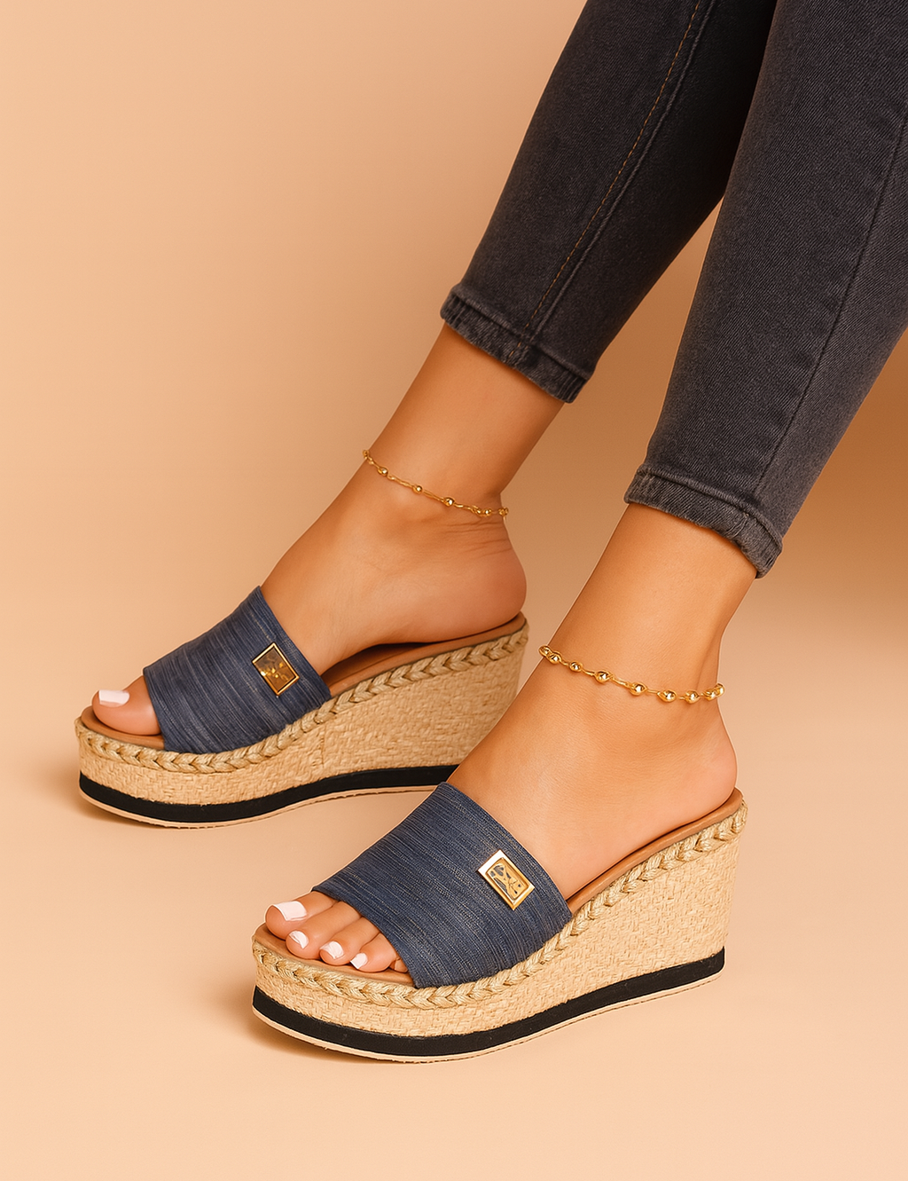 Denim slide wedge sandals with jute-wrapped platform heels, gold emblem accents, and a textured fabric upper in a rich navy hue.