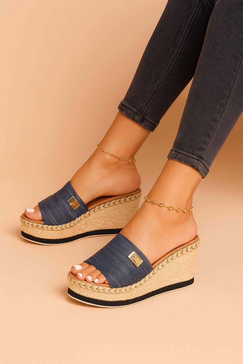 Denim slide wedge sandals with jute-wrapped platform heels, gold emblem accents, and a textured fabric upper in a rich navy hue.