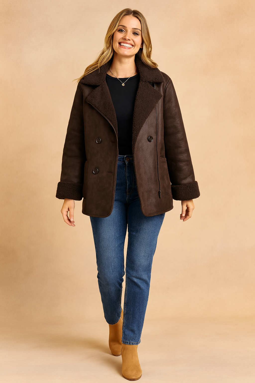Dark brown shearling coat with button front, black top, blue jeans, and tan ankle boots