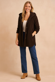 Dark brown quilted hooded winter jacket with button-down front and side pockets, designed for warmth and everyday comfort