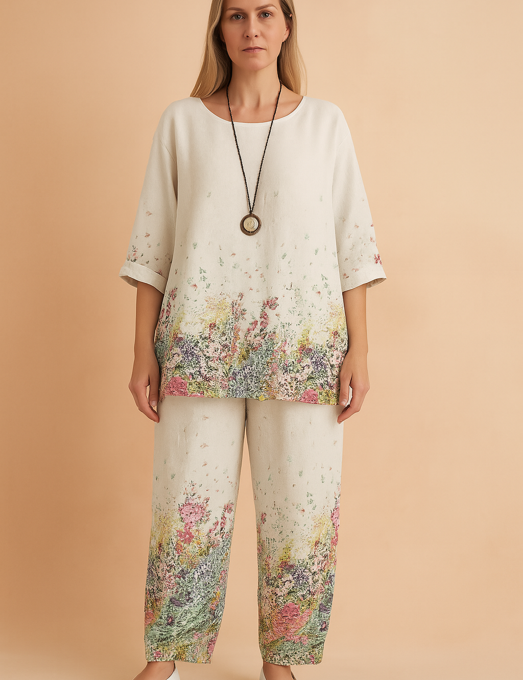Relaxed-fit white linen loungewear set featuring a vibrant multicolor wildflower print at the hem of the top and bottom, with elbow-length sleeves and wide-leg pants, styled with a vintage pendant necklace.