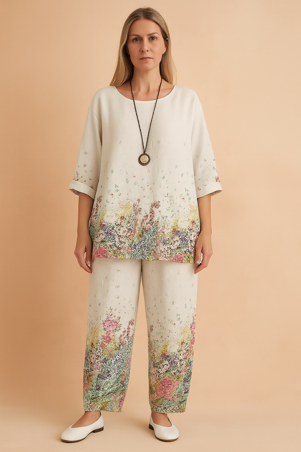 Relaxed-fit white linen loungewear set featuring a vibrant multicolor wildflower print at the hem of the top and bottom, with elbow-length sleeves and wide-leg pants, styled with a vintage pendant necklace.