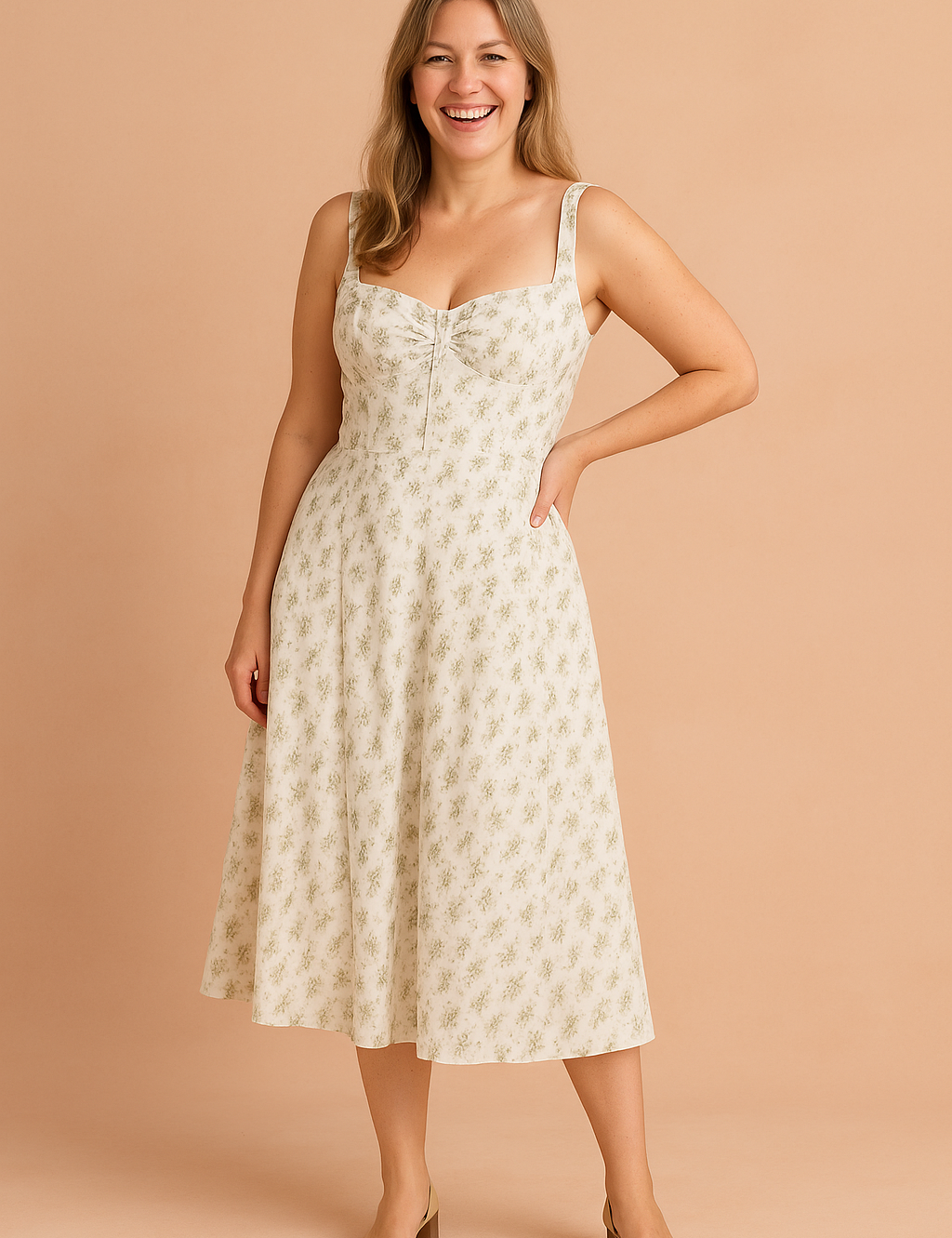 Vintage-inspired floral midi sundress featuring a structured bustier bodice with ruched detailing, wide straps, and a flowing A-line skirt with soft pleats. The delicate floral pattern adds a romantic touch, making it ideal for summer outings or garden events.
