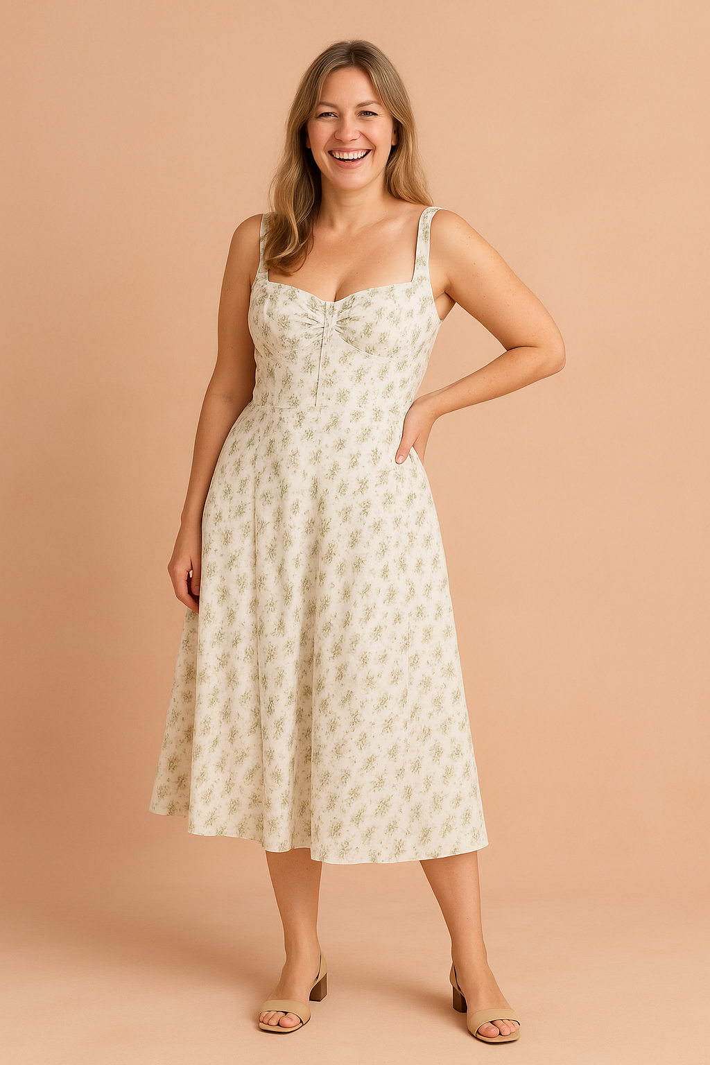 Vintage-inspired floral midi sundress featuring a structured bustier bodice with ruched detailing, wide straps, and a flowing A-line skirt with soft pleats. The delicate floral pattern adds a romantic touch, making it ideal for summer outings or garden events.