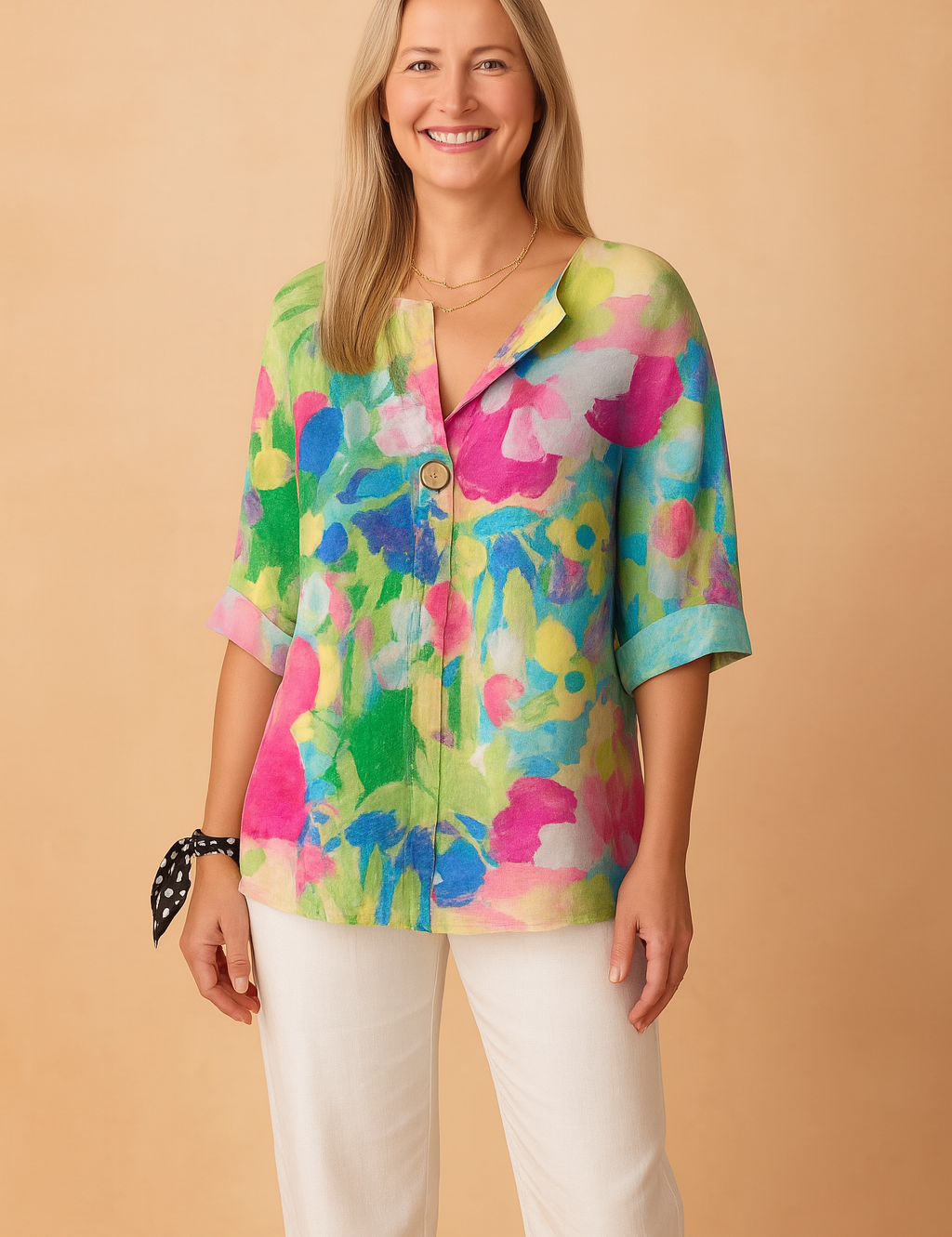 Loose-fit linen blouse featuring a vibrant watercolor floral print in shades of magenta, lime green, cobalt blue, and soft white, designed with a front button detail and elbow-length sleeves.