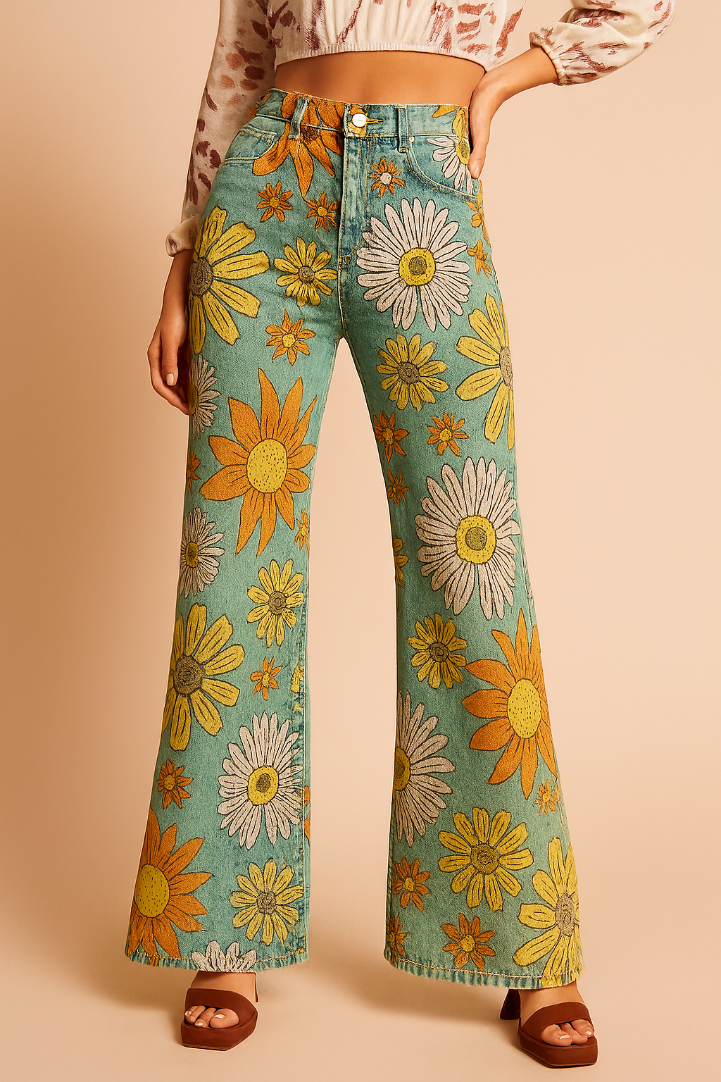 High-waisted wide-leg jeans with bold oversized daisy print in white, yellow, and orange on a faded teal base, styled with a boho crop blouse and brown open-toe heels.