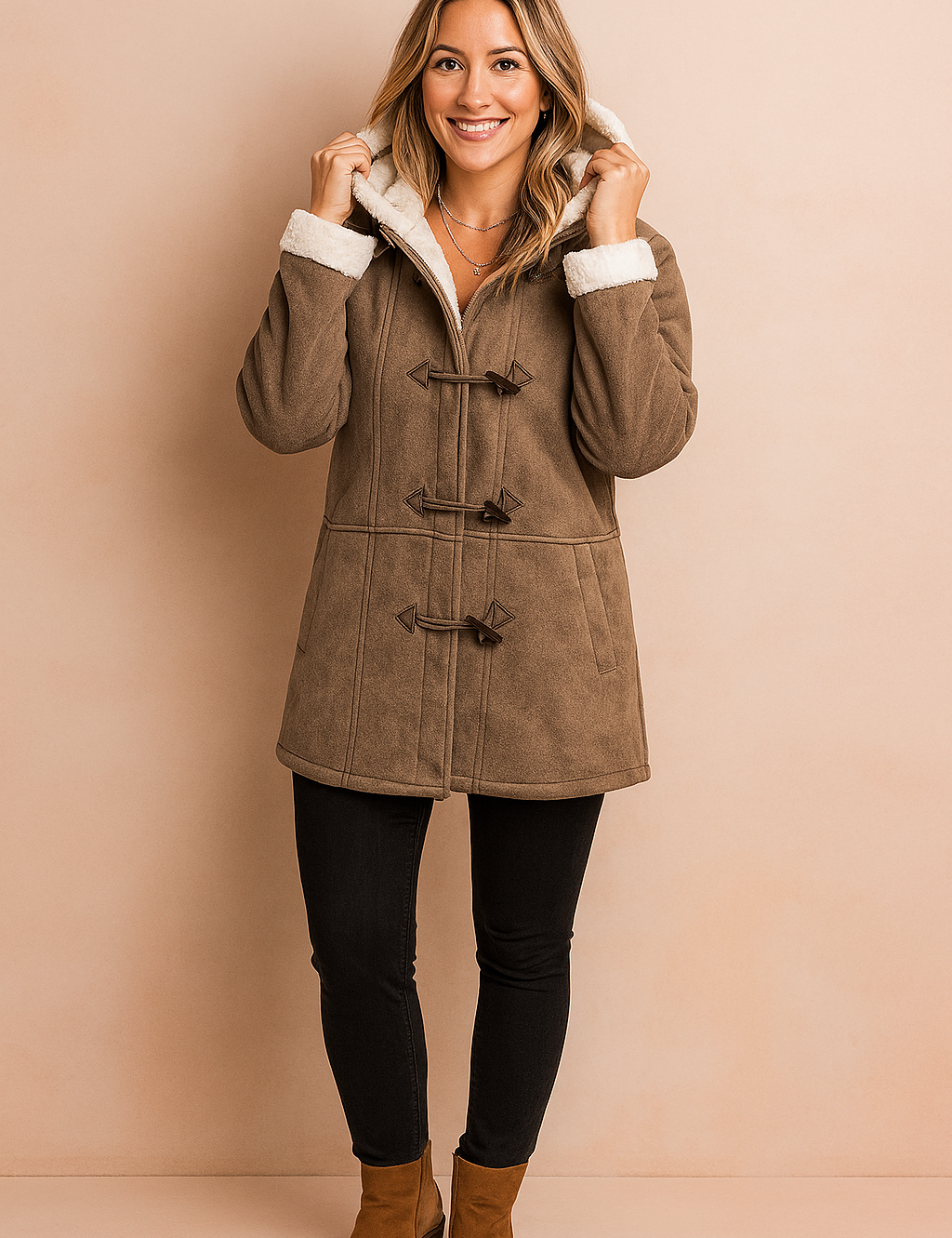 Taupe faux suede duffle coat with white fleece lining and toggle button closures, paired with black fitted jeans and tan ankle boots.