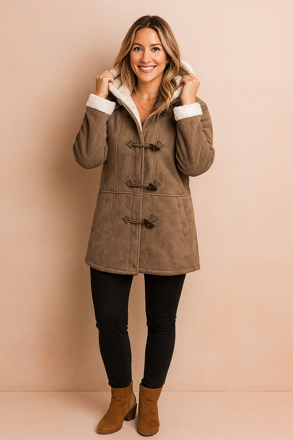 Taupe faux suede duffle coat with white fleece lining and toggle button closures, paired with black fitted jeans and tan ankle boots.