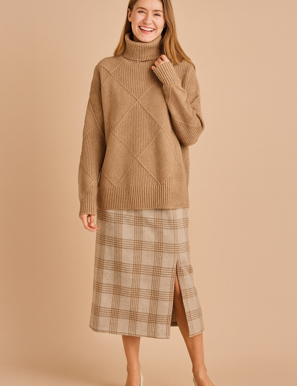 Beige diamond-pattern turtleneck sweater with ribbed texture, long sleeves, and relaxed fit for modern casual wear.