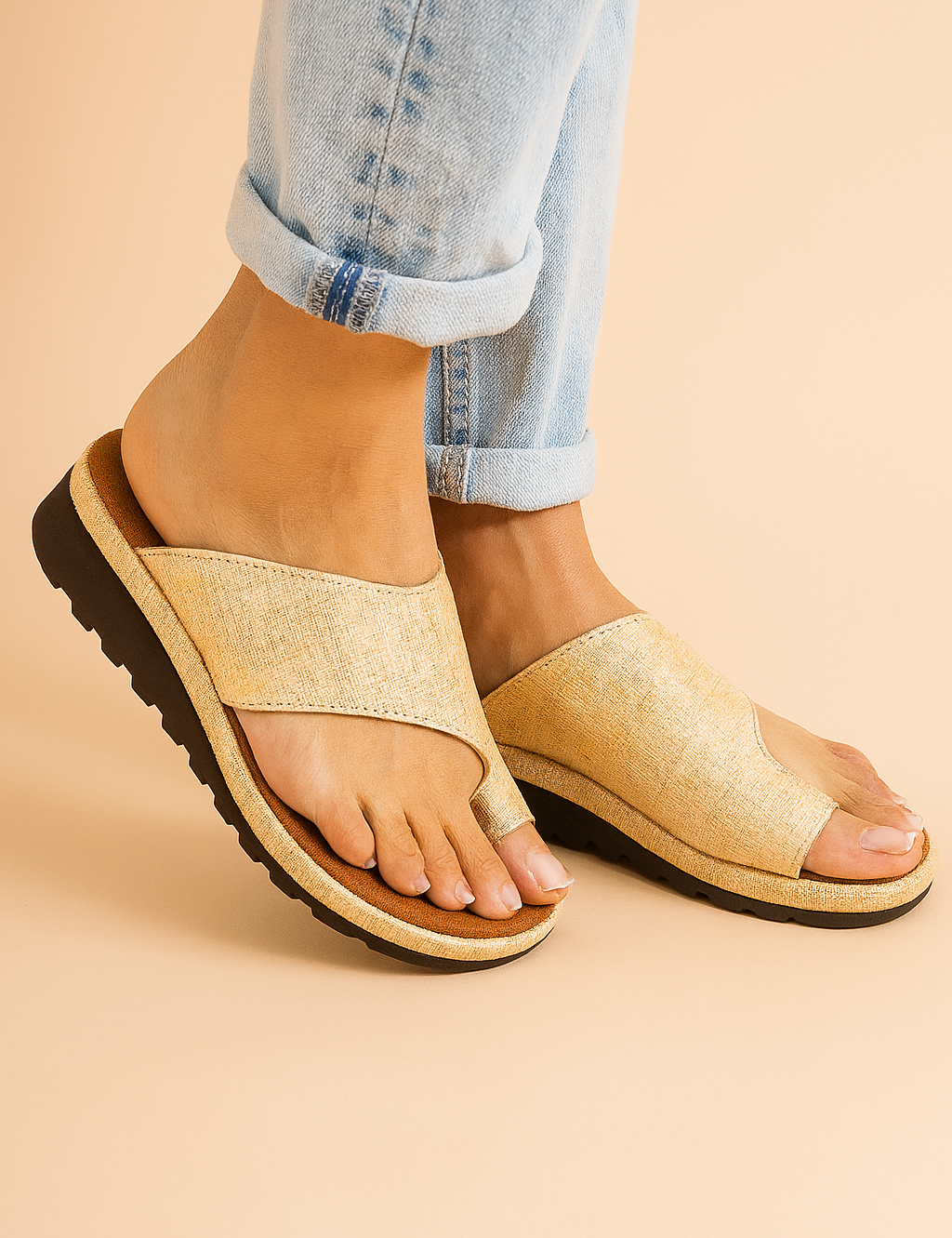 Gold woven slide sandals with crossover straps and black ridged soles, featuring a natural textured fabric and toe-loop detail.