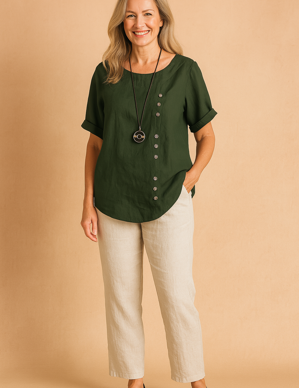 Forest green short-sleeve linen blouse with round neckline and diagonal button detailing, styled with off-white straight-leg pants.