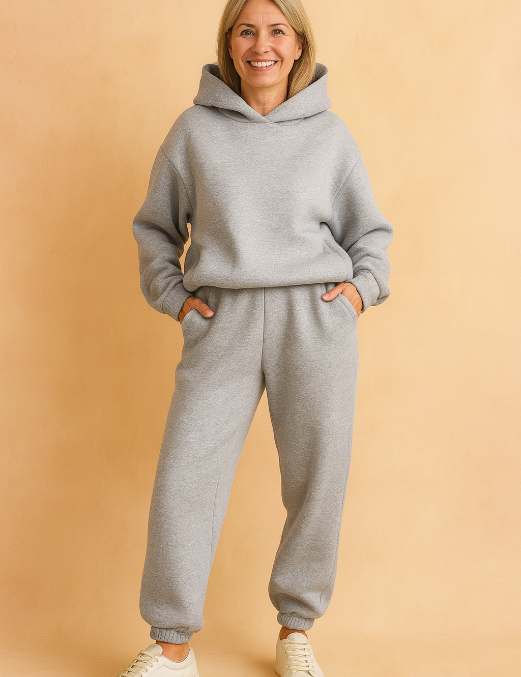 Heather gray fleece coord set consisting of an oversized pullover hoodie with a relaxed silhouette and dropped shoulders, matched with high-rise jogger pants featuring a wide elastic waistband and cinched cuffs. Made from soft, brushed cotton-blend fleece fabric with a smooth, uniform texture and no embellishments.