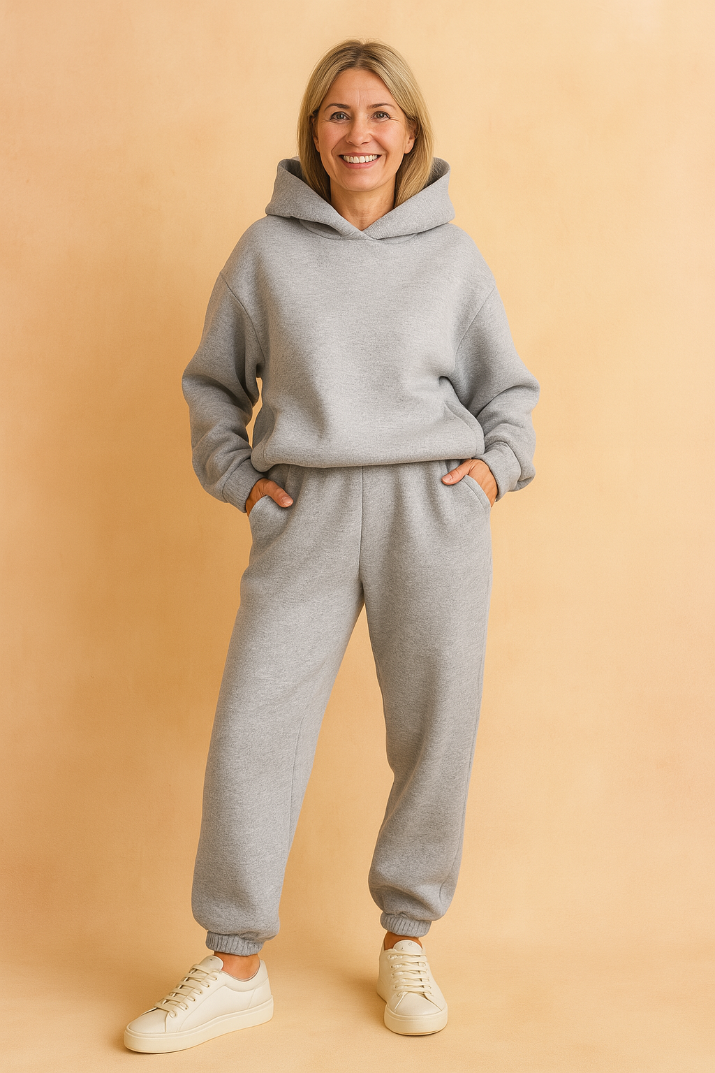 Heather gray fleece coord set consisting of an oversized pullover hoodie with a relaxed silhouette and dropped shoulders, matched with high-rise jogger pants featuring a wide elastic waistband and cinched cuffs. Made from soft, brushed cotton-blend fleece fabric with a smooth, uniform texture and no embellishments.