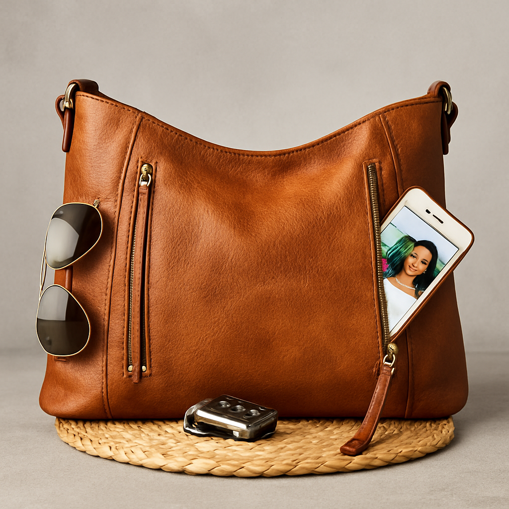 Brown leather hobo-style handbag with gold-tone zippers, aviator sunglasses, and phone in outer pocket, staged on a rattan mat with a soft gradient warm sand and pastel pink background in fashion lighting.