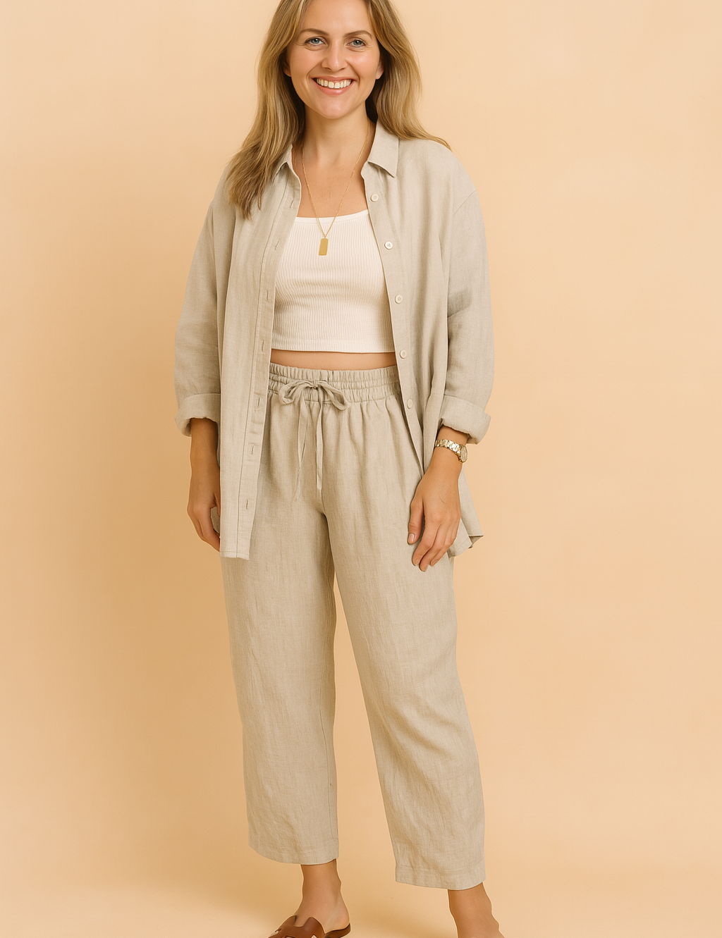Relaxed-fit two-piece loungewear set featuring a long-sleeve button-up shirt and matching drawstring pants, crafted in a soft, natural linen-look fabric with a subtle beige weave pattern and clean tailoring for an effortlessly casual-chic look.