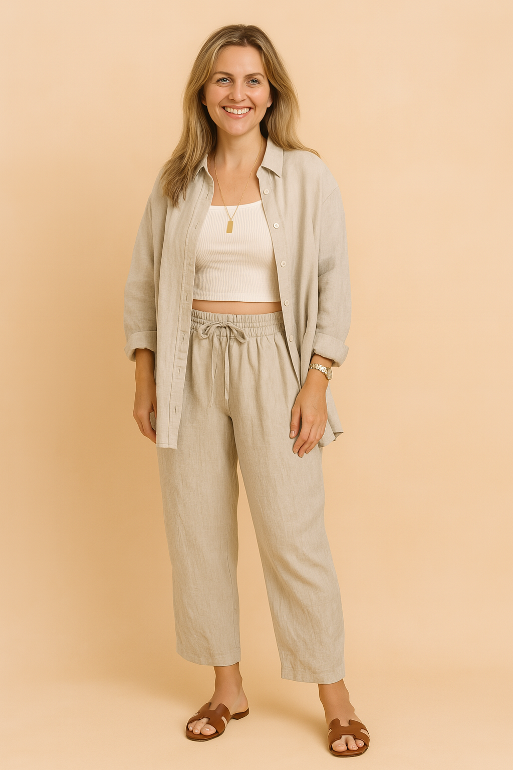 Relaxed-fit two-piece loungewear set featuring a long-sleeve button-up shirt and matching drawstring pants, crafted in a soft, natural linen-look fabric with a subtle beige weave pattern and clean tailoring for an effortlessly casual-chic look.