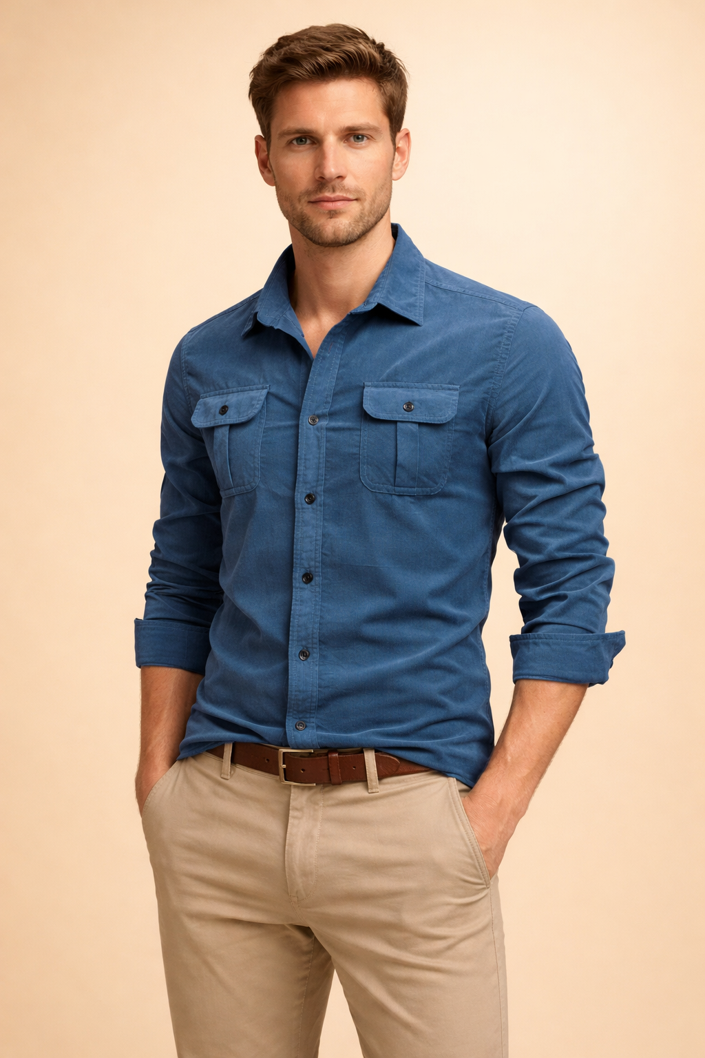 Medium blue long-sleeve button-up shirt with structured collar, dual flap chest pockets, tonal buttons, and neatly rolled cuffs, paired with slim-fit beige chinos and a brown leather belt.