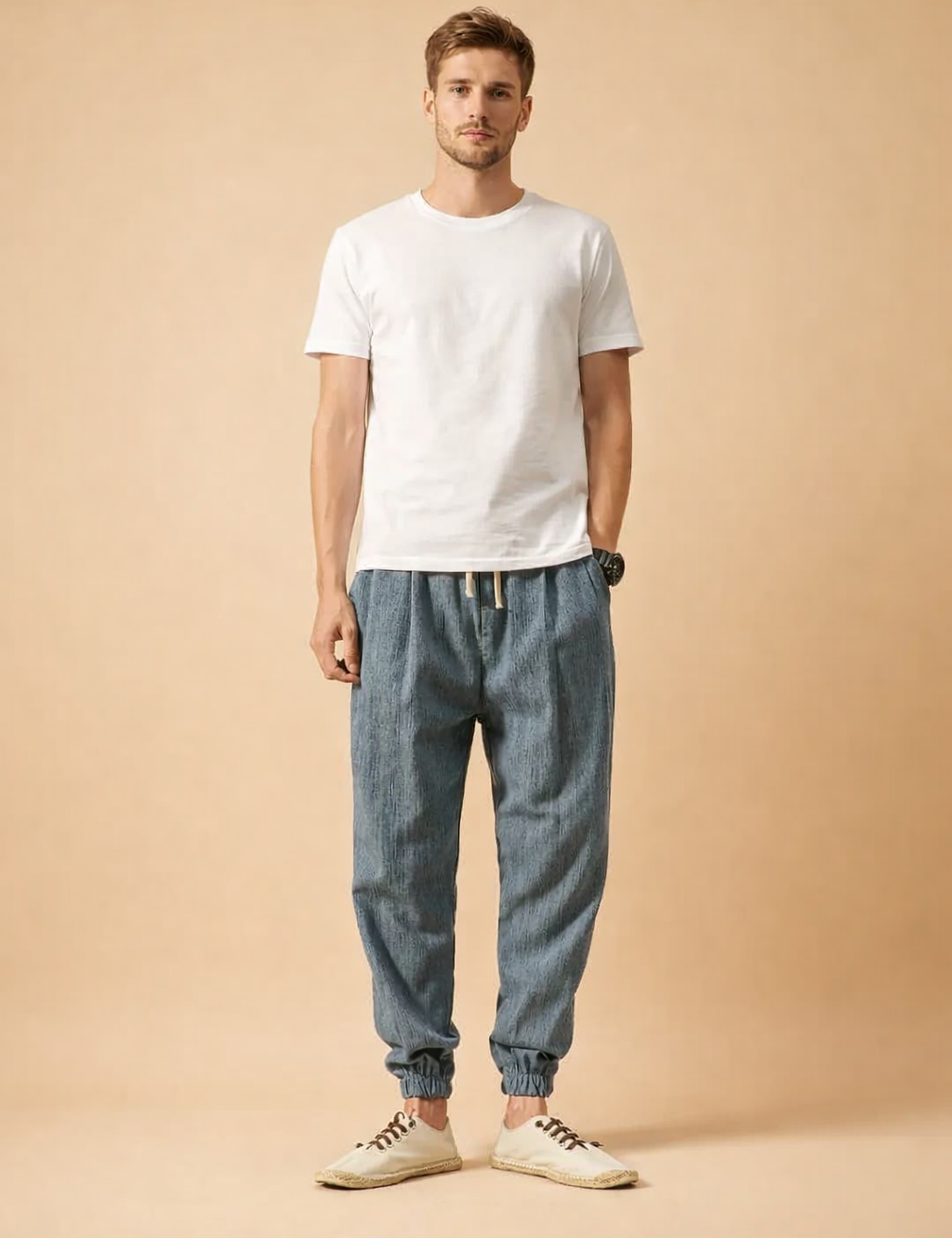 Relaxed-fit men’s tapered trousers with elasticated cuffs, adjustable drawstring waistband, straight leg drape, clean front silhouette, lightweight woven texture, styled with low-profile casual lace-up shoes.