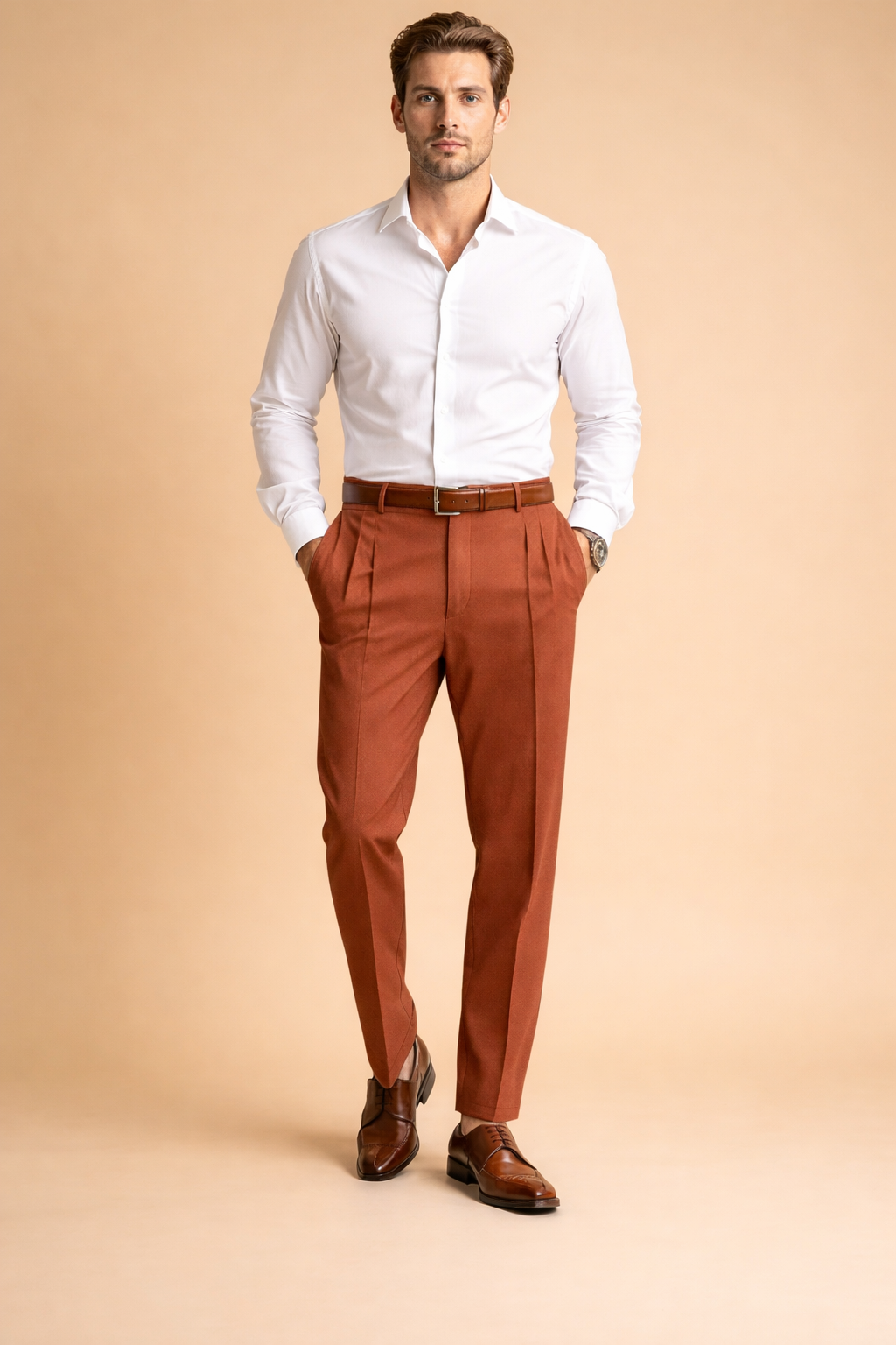 Tailored men’s trousers with a clean pleated front, slim straight-leg cut, belt loops, and a structured waistband, styled with classic leather dress shoes for a refined formal look.