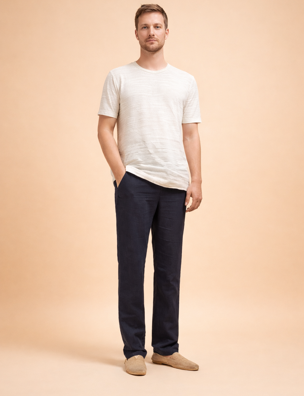 Men’s straight-leg tailored trousers with a clean minimalist cut, smooth structured drape, full-length legs, classic waistband with front pockets, and a refined modern silhouette suitable for everyday and smart-casual styling.