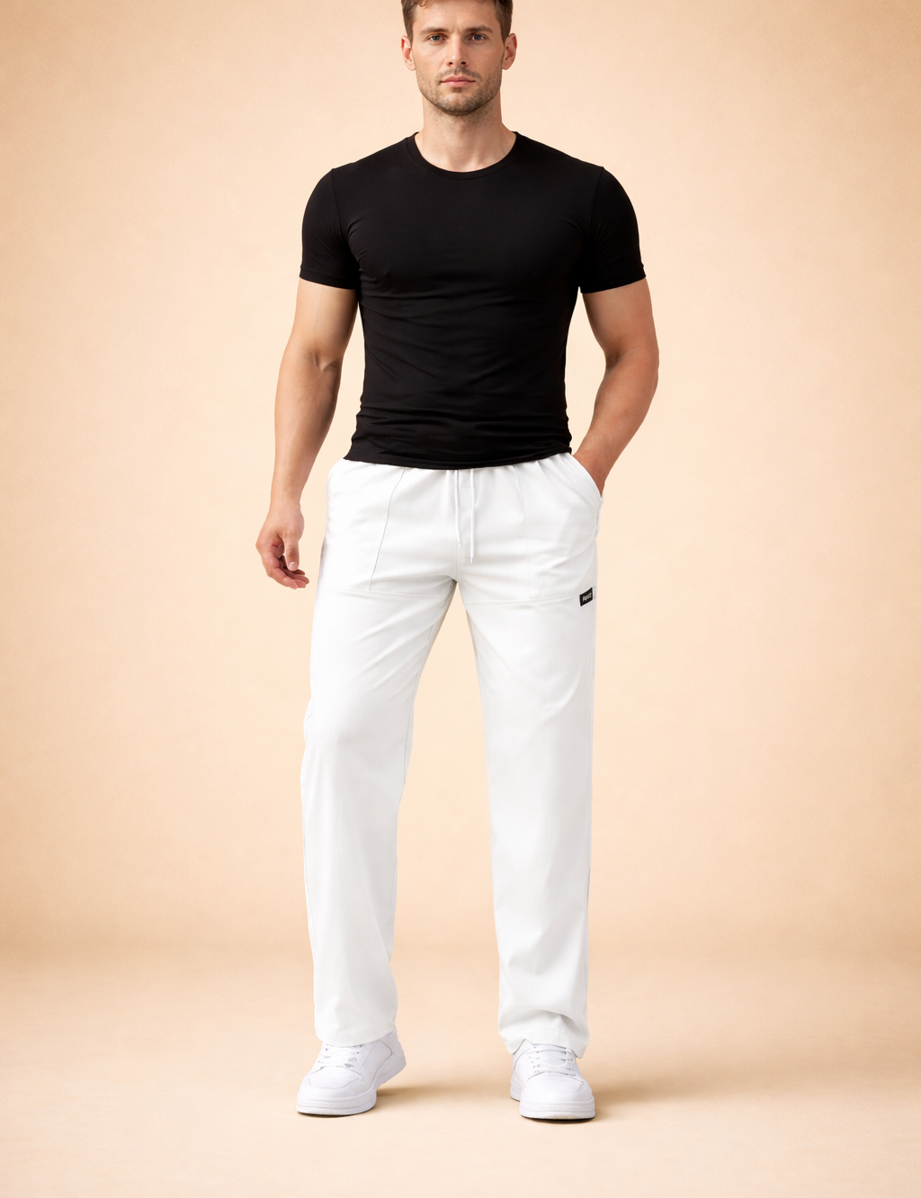Men’s white tailored jogger-style trousers with a straight leg cut, elastic waistband with drawstring, clean front seams, minimal branding detail, and paired with low-profile white sneakers for a modern casual look.