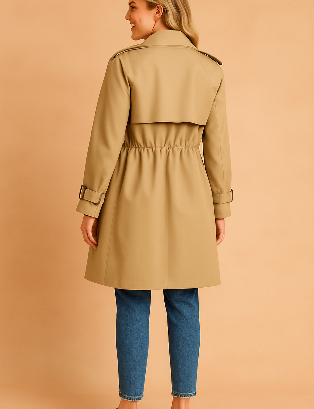 Back view of a belted trench coat with buttoned cuffs, shoulder epaulets, and pleated detail, designed for a tailored fit.