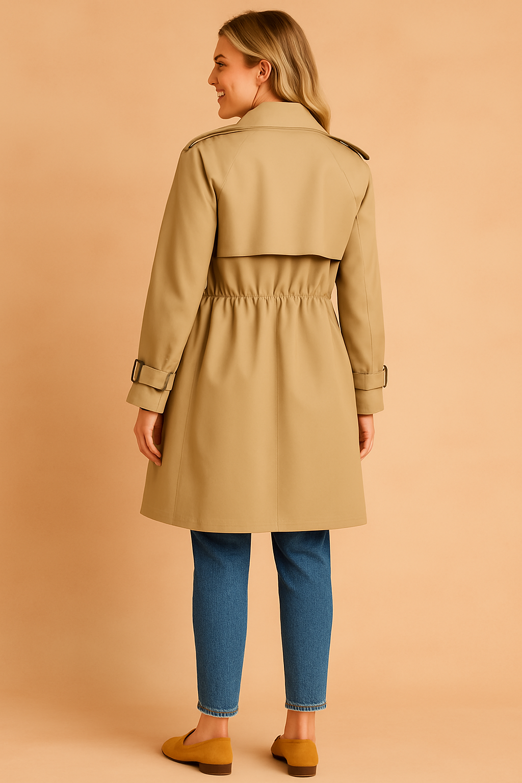 Back view of a belted trench coat with buttoned cuffs, shoulder epaulets, and pleated detail, designed for a tailored fit.