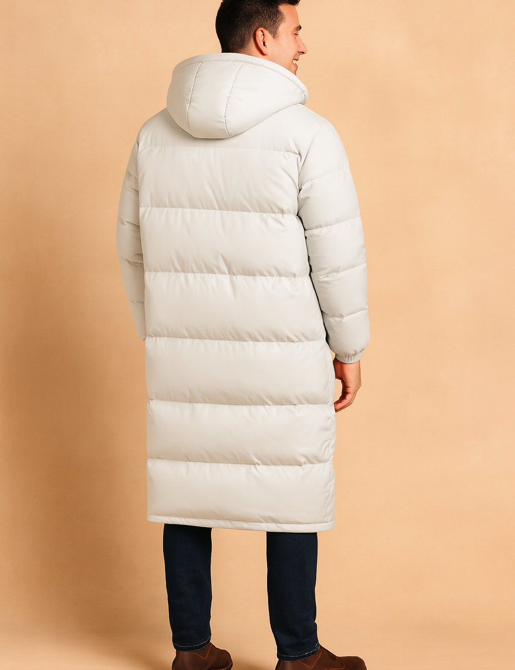 Men's long white puffer parka with horizontal quilted padding, attached hood, and full-length back design—ideal for cold weather layering and protection.