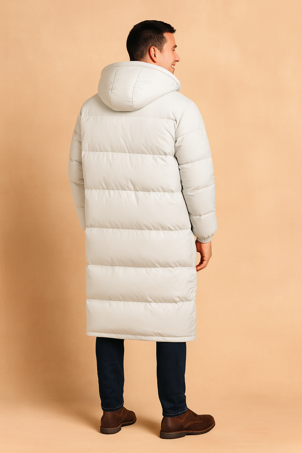 Men's long white puffer parka with horizontal quilted padding, attached hood, and full-length back design—ideal for cold weather layering and protection.