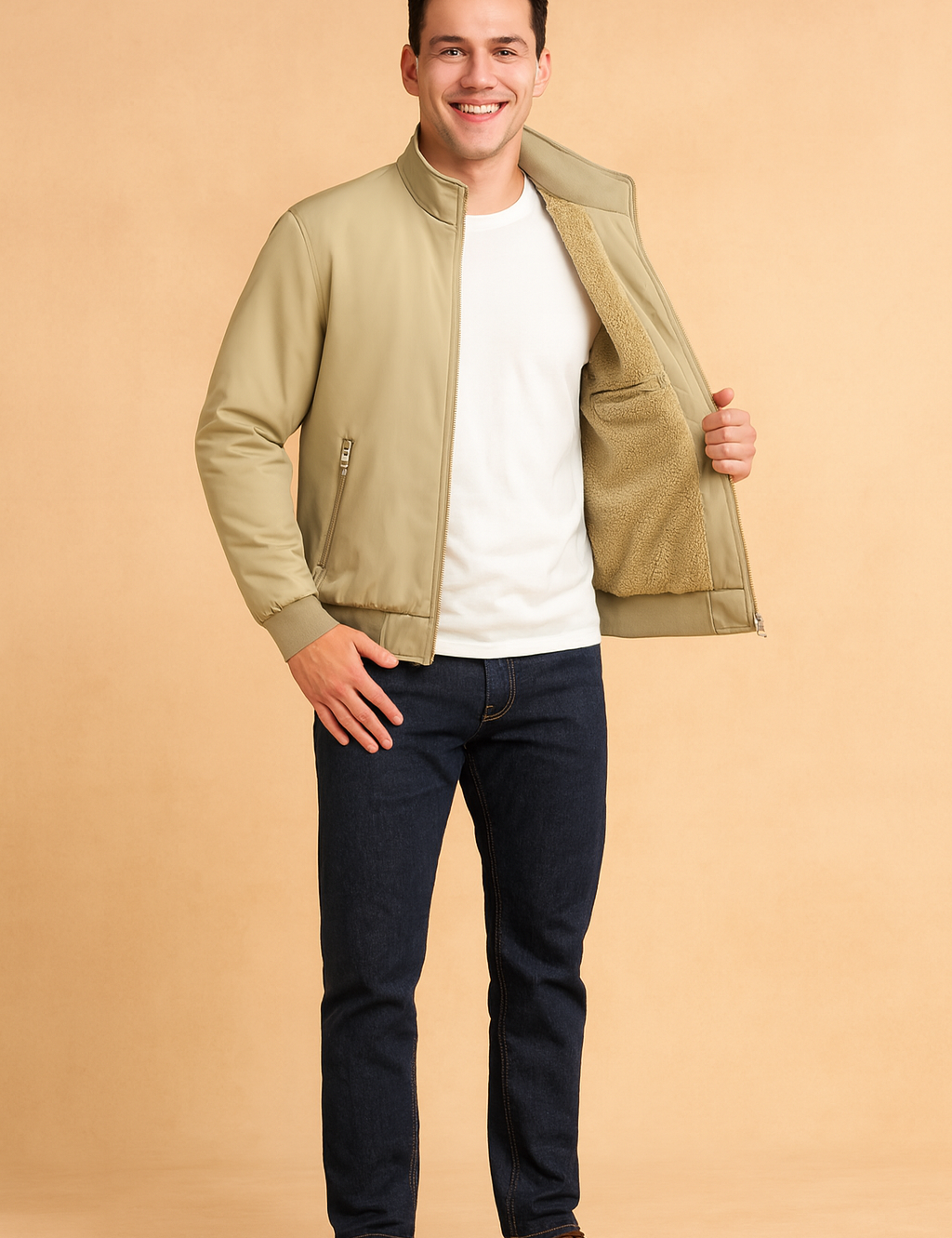 Men's beige bomber jacket with faux fur lining, featuring a zip-up front, ribbed cuffs and hem, and side zippered pockets for a modern winter look.