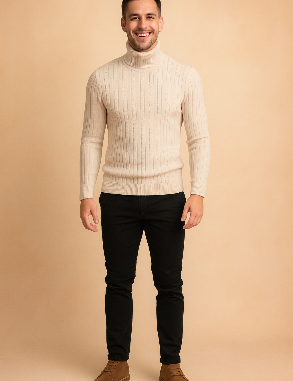 Beige slim-fit men's turtleneck sweater with vertical cable knit texture, ribbed cuffs, and hem for a refined winter look.