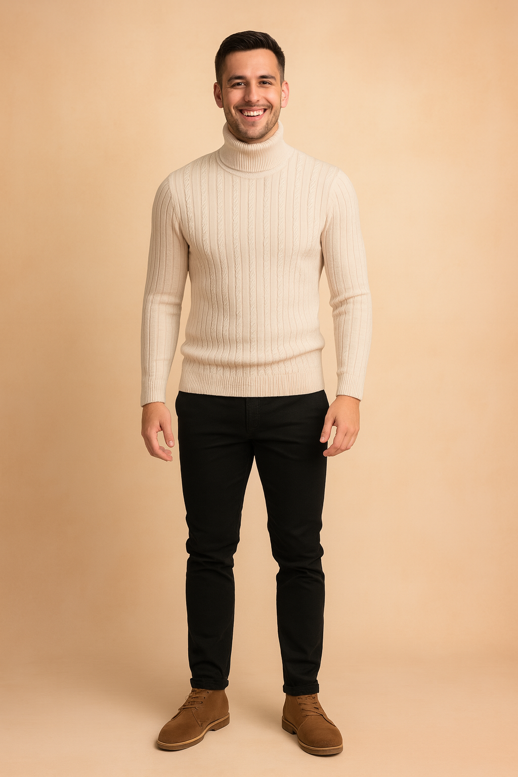 Beige slim-fit men's turtleneck sweater with vertical cable knit texture, ribbed cuffs, and hem for a refined winter look.