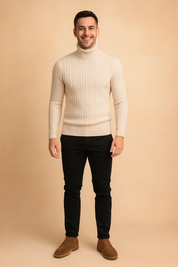 Beige slim-fit men's turtleneck sweater with vertical cable knit texture, ribbed cuffs, and hem for a refined winter look.