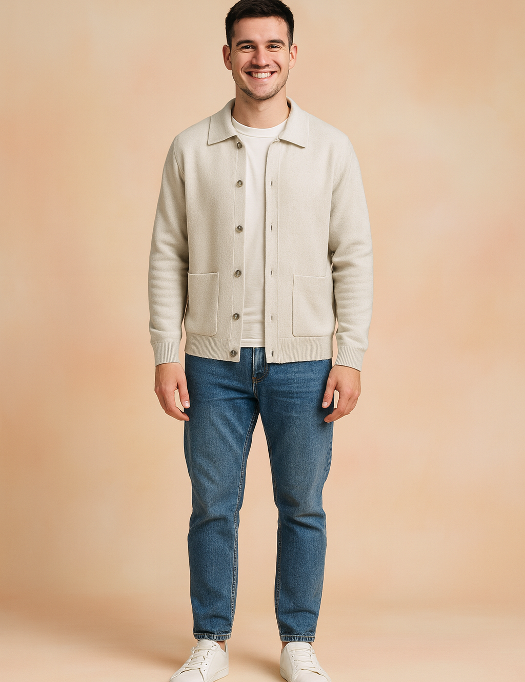 Beige button-up cardigan with long sleeves, front patch pockets, and ribbed cuffs, styled over a clean white undershirt for a modern, casual look.